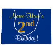Elegant, blauw, Faux Gold 2e verjaardag; aangepast Large Cadeautasje (Voorkant)
