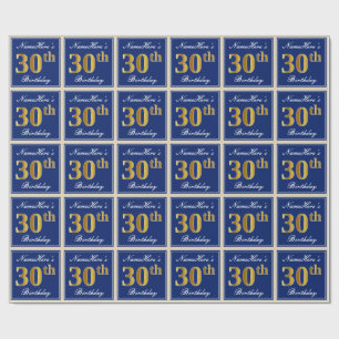 Elegant, blauw, Faux Gold 30th Birthday + naam Cadeaupapier