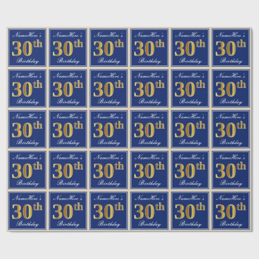 Elegant, blauw, Faux Gold 30th Birthday + naam Cadeaupapier (Vlak)