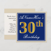 Elegant, blauw, Faux Gold 30th Birthday + naam Kaart (Voorkant / Achterkant)