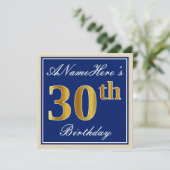 Elegant, blauw, Faux Gold 30th Birthday + naam Kaart (Staand voorkant)