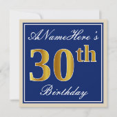 Elegant, blauw, Faux Gold 30th Birthday + naam Kaart (Voorkant)