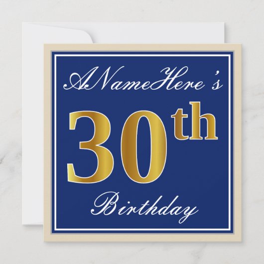 Elegant, blauw, Faux Gold 30th Birthday + naam Kaart (Voorkant)