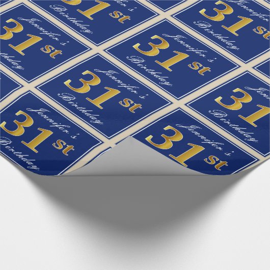 Elegant, blauw, Faux Gold 31st Birthday + naam Cadeaupapier (Hoek)