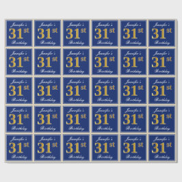 Elegant, blauw, Faux Gold 31st Birthday + naam Cadeaupapier