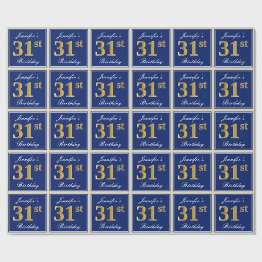 Elegant, blauw, Faux Gold 31st Birthday + naam Cadeaupapier (Vlak)
