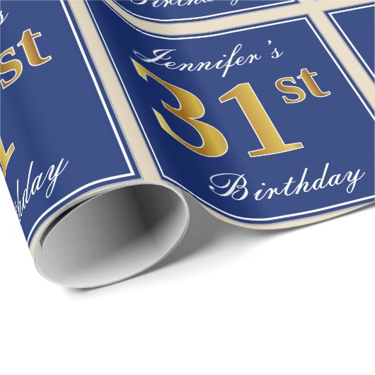 Elegant, blauw, Faux Gold 31st Birthday + naam Cadeaupapier (Rol Hoek)