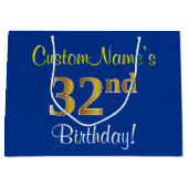 Elegant, blauw, Faux Gold 32e verjaardag + naam Groot Cadeauzakje (Voorkant)