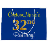 Elegant, blauw, Faux Gold 32e verjaardag + naam Groot Cadeauzakje (Achterkant)