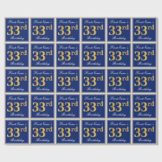 Elegant, blauw, Faux Gold 33rd Birthday + naam Cadeaupapier (Vlak)