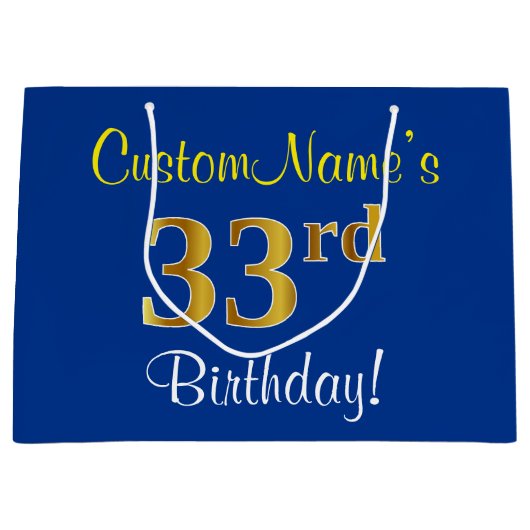 Elegant, blauw, Faux Gold 33rd Birthday + naam Groot Cadeauzakje (Voorkant)