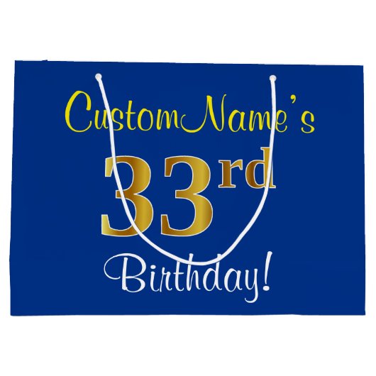 Elegant, blauw, Faux Gold 33rd Birthday + naam Groot Cadeauzakje (Achterkant)