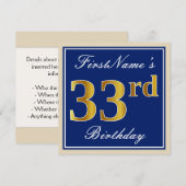 Elegant, blauw, Faux Gold 33rd Birthday + naam Kaart (Voorkant / Achterkant)