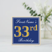 Elegant, blauw, Faux Gold 33rd Birthday + naam Kaart (Staand voorkant)