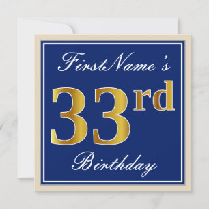 Elegant, blauw, Faux Gold 33rd Birthday + naam Kaart