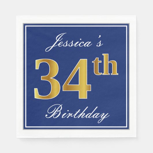 Elegant Blauw, Faux Gold 34ste verjaardag; Aangepa Servet (Voorkant)