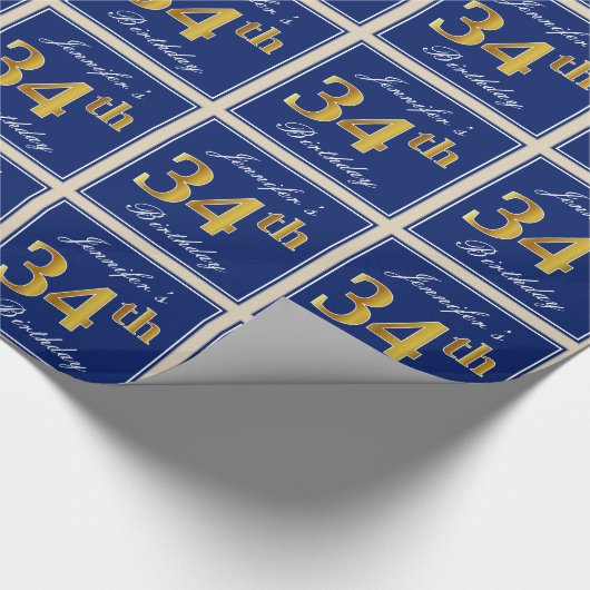 Elegant, blauw, Faux Gold 34th Birthday + naam Cadeaupapier (Hoek)