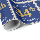 Elegant, blauw, Faux Gold 34th Birthday + naam Cadeaupapier (Rol Hoek)