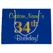 Elegant, blauw, Faux Gold 34th Birthday + naam Groot Cadeauzakje (Voorkant)