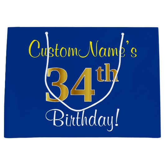 Elegant, blauw, Faux Gold 34th Birthday + naam Groot Cadeauzakje (Voorkant)