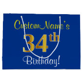 Elegant, blauw, Faux Gold 34th Birthday + naam Groot Cadeauzakje (Achterkant)