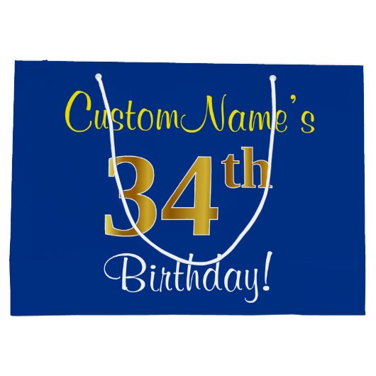 Elegant, blauw, Faux Gold 34th Birthday + naam Groot Cadeauzakje (Achterkant)