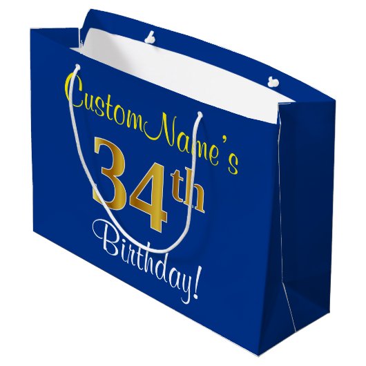 Elegant, blauw, Faux Gold 34th Birthday + naam Groot Cadeauzakje (Achterkant Gekanteld)