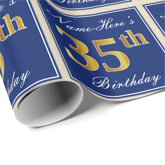 Elegant, blauw, Faux Gold 35th Birthday + naam Cadeaupapier (Rol Hoek)