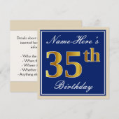 Elegant, blauw, Faux Gold 35th Birthday + naam Kaart (Voorkant / Achterkant)