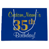 Elegant, blauw, Faux Gold 35th Birthday + naam Large Cadeautasje (Voorkant)