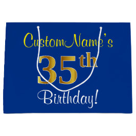 Elegant, blauw, Faux Gold 35th Birthday + naam Large Cadeautasje