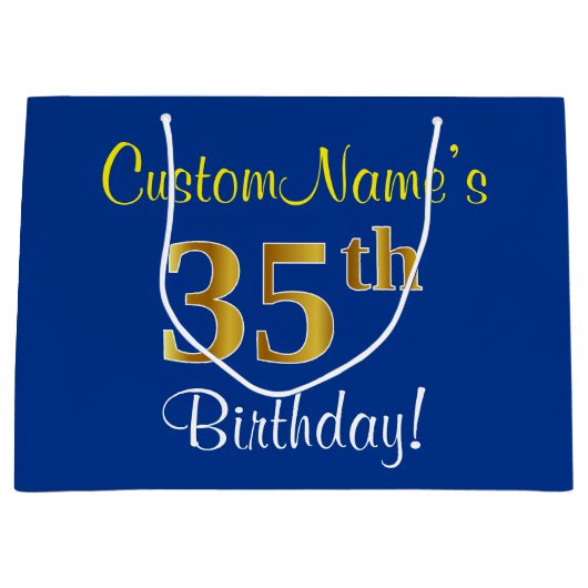 Elegant, blauw, Faux Gold 35th Birthday + naam Large Cadeautasje (Voorkant)