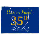 Elegant, blauw, Faux Gold 35th Birthday + naam Large Cadeautasje (Achterkant)