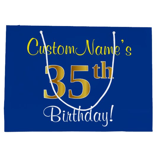 Elegant, blauw, Faux Gold 35th Birthday + naam Large Cadeautasje (Achterkant)