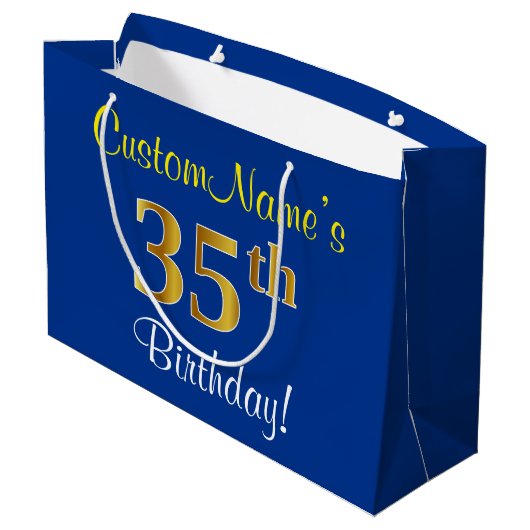 Elegant, blauw, Faux Gold 35th Birthday + naam Large Cadeautasje (Achterkant Gekanteld)