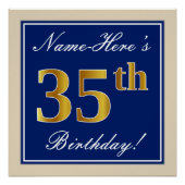 Elegant, blauw, Faux Gold 35th Birthday + naam Perfect Poster