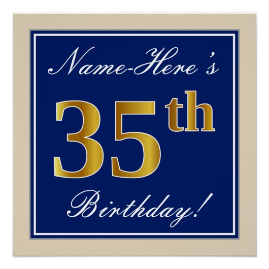 Elegant, blauw, Faux Gold 35th Birthday + naam Perfect Poster (Voorkant)