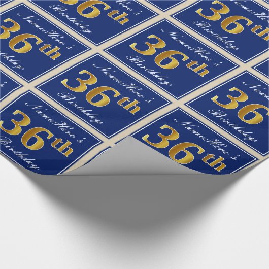 Elegant, blauw, Faux Gold 36th Birthday + naam Cadeaupapier (Hoek)