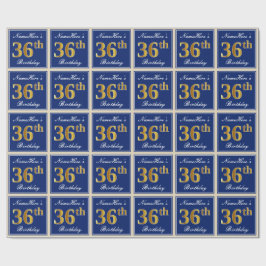 Elegant, blauw, Faux Gold 36th Birthday + naam Cadeaupapier