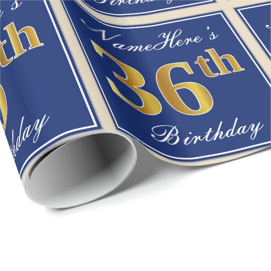 Elegant, blauw, Faux Gold 36th Birthday + naam Cadeaupapier (Rol Hoek)