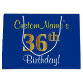 Elegant, blauw, Faux Gold 36th Birthday + naam Groot Cadeauzakje (Voorkant)