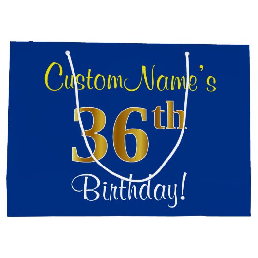 Elegant, blauw, Faux Gold 36th Birthday + naam Groot Cadeauzakje (Achterkant)