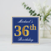 Elegant, blauw, Faux Gold 36th Birthday + naam Kaart (Staand voorkant)
