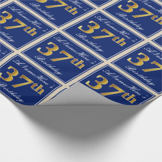 Elegant, Blauw, Faux Gold 37e verjaardag + Naam Cadeaupapier (Hoek)