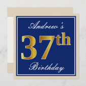 Elegant, Blauw, Faux Gold 37e verjaardag + Naam Kaart (Voorkant / Achterkant)