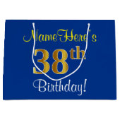 Elegant, blauw, Faux Gold 38th Birthday + naam Groot Cadeauzakje (Voorkant)