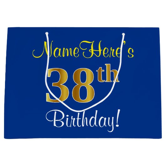 Elegant, blauw, Faux Gold 38th Birthday + naam Groot Cadeauzakje (Voorkant)