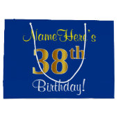 Elegant, blauw, Faux Gold 38th Birthday + naam Groot Cadeauzakje (Achterkant)