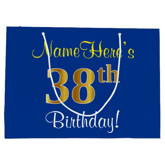 Elegant, blauw, Faux Gold 38th Birthday + naam Groot Cadeauzakje (Achterkant)