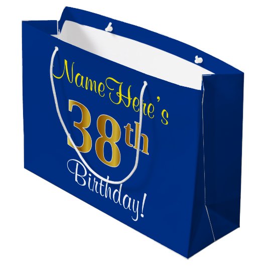 Elegant, blauw, Faux Gold 38th Birthday + naam Groot Cadeauzakje (Achterkant Gekanteld)